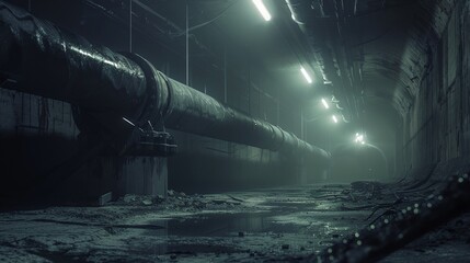 a tunnel with pipes and water inside of it - obrazy, fototapety, plakaty