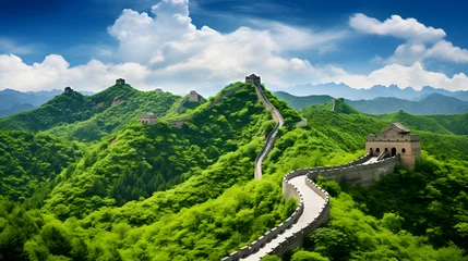 Photo sur Plexiglas Mur chinois The Serpentine Great Wall of China – An Image of Resilience and Grandeur in Tranquil Setting