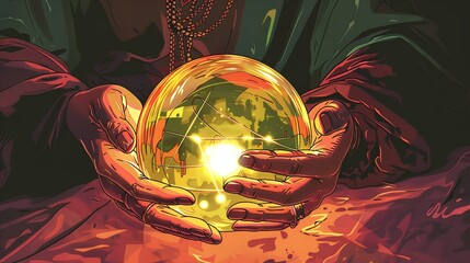 a person holding a crystal ball with a glowing light inside of it in their hands
