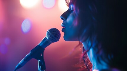 a woman singing into a microphone in front of a stage light - 770041070