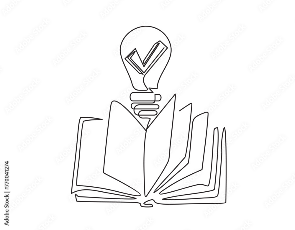 Poster light bulb above book continuous one line art drawing. line drawing open book with lamp idea symbol.