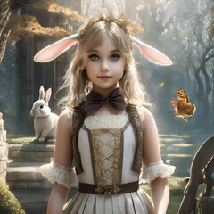 little girl Alice with rabbit  in wonderland. close up portrait. digital artwork. painting style. Ai generated