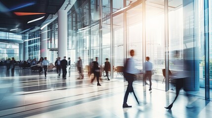 Business workplace, people in walking in blurred motion in modern office space, people motion. copy space