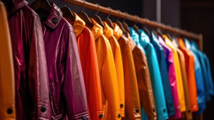 Multi -colored bright jackets on a hanger against the background