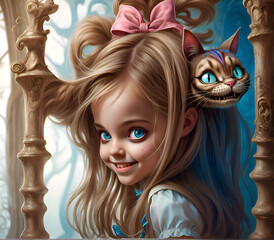 little girl Alice with Cheshire cat in wonderland. sureal close up portrait. digital artwork. painting style. Ai generated - 770041457