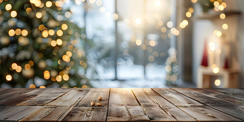 Wooden table in front of blurred christmas background with bokeh lights.