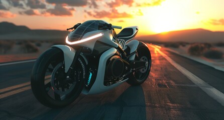 a futuristic motorcycle is parked on the side of the road - 770041615