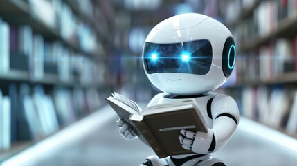a robot reading a book in a library with bookshelves in the background - 770041683