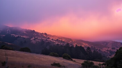Fototapeta premium A stunning sunset view of majestic mountains, billowing clouds, lush grassy fields, and towering trees in the foreground