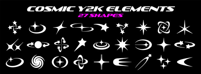 Fototapeta na wymiar Y2K elements set, retro futuristic cosmic abstract shapes of stars, planets, galaxies, sparkles, comets. Vector object collection from the 2000s
