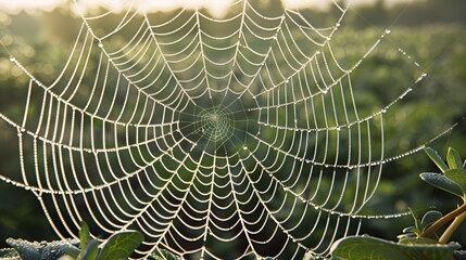A close-up of a dew-covered spider web in the early morning light, with each dewdrop reflecting the world around it.