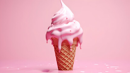 Pink ice cream in waffle cone on pink background. 3d rendering