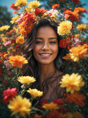 Naklejka premium Portrait d'une femme est entourée de fleurs colorées, dont certaines couvrent son visage., photo créative, mode