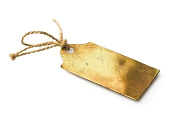 golden metal empty tag with string isolated on white background