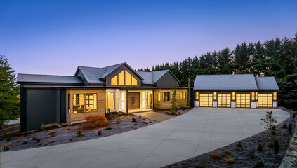 Plakaty  New Contemporary Style Luxury Home Exterior at Twilight