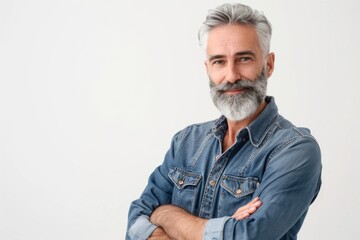 Portrait of a handsome man with gray hair and beard in a casual denim shirt