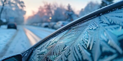 Winterizing Vehicles: Frozen Glass on Car Window Emphasizes the Need for Safe Travel in Icy Conditions. Concept Car Safety, Winter Preparation, Frozen Windshield, Safe Travel, Icy Conditions - obrazy, fototapety, plakaty