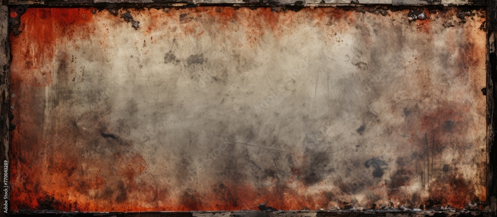 Aufkleber a close up of a rusty metal texture framed in black, contrasting with the natural landscape of grass