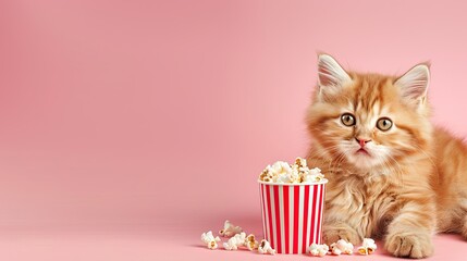 lovely ginger kitten with popcorn box. Generative AI