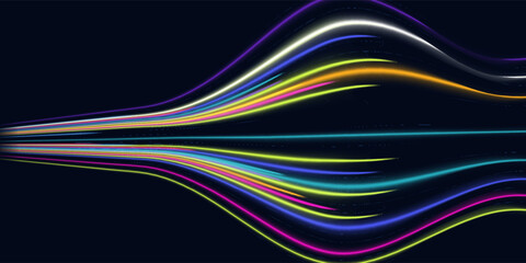 Colorful light trails with motion effect. Vector illustration of high speed light effect on black background.