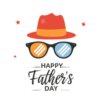 A festive greeting card design featuring a fedora hat and a pair of sunglasses happy father's day