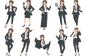 Fototapeta premium cartoon businesswoman and woman in black suits in various poses