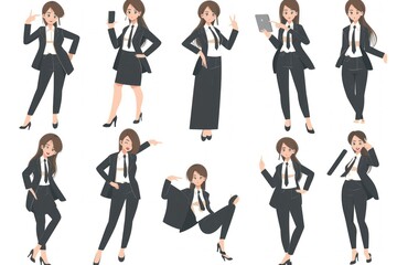 cartoon businesswoman and woman in black suits in various poses