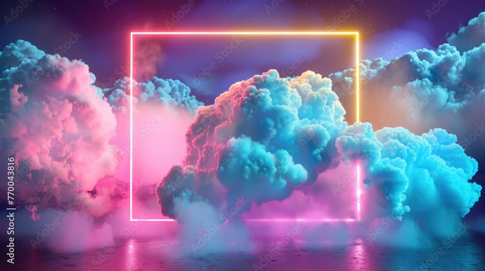 Poster abstract minimal three-dimensional background with neon light square frame and glowing cumulus cloud