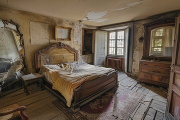 Antique Charm in an Old Bedroom - Queen Double Bed and Vintage Mirror Inside Ancient House Interior
