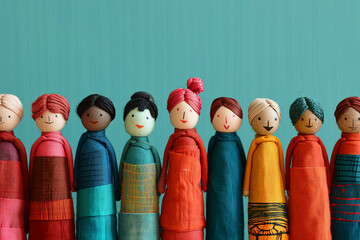 Global People diversity concept art shows in colorful puppet figures in blue background, Multi ethical puppet figures standing in a row, Traditional handmade cute wooden puppets in traditional costume - obrazy, fototapety, plakaty