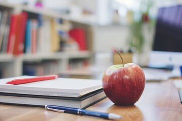 Back to School: Books with Apple and Pen on the Desk for Learning, Teaching, and Education. Snack Time on the Table - obrazy, fototapety, plakaty