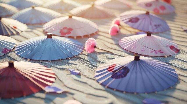 Colorful Paper Umbrellas on Sandy Beach
