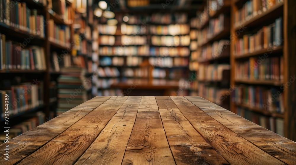 Poster bookstore background. wooden empty table top with blur bookshelves creating space for education disp