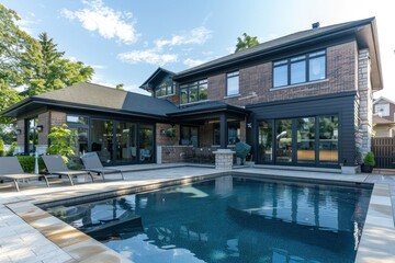 Fototapeta premium small modern house with a large outdoor patio and swimming pool