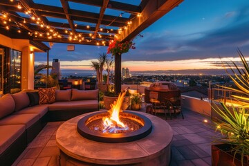 beautiful rooftop patio with a fire pit and city lights lights - obrazy, fototapety, plakaty
