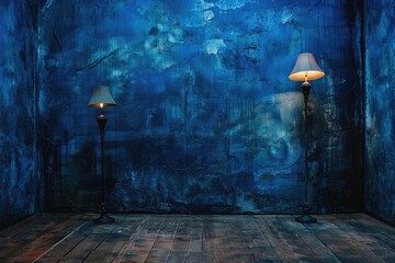 Blue Photo Backdrop for Studio Portraits. Wall and Floor Lit by Lamps, Painted Canvas Fabric. Perfect Studio Photo Background - obrazy, fototapety, plakaty