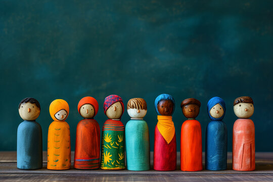Global People diversity concept art shows in colorful puppet figures in blue background, Multi ethical puppet figures standing in a row, Traditional handmade cute wooden puppets in traditional costume