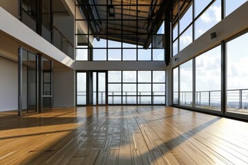 apartment with wood floors and a sky view - obrazy, fototapety, plakaty