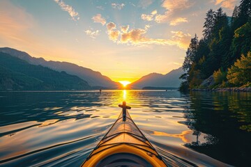 Cultus Lake at Sunset: Kayaking on Tranquil Waters of a Picturesque Shoreline in Lake Provincial Park - obrazy, fototapety, plakaty