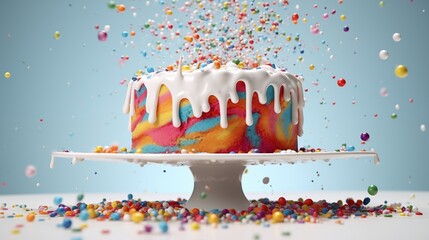 Slow-motion splash of rainbow candy sprinkles exploding across a stark white cake surface.