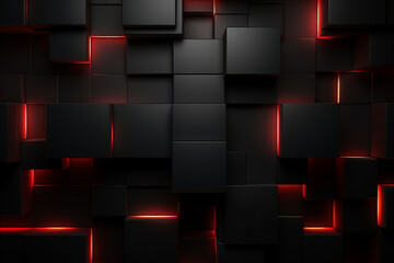Abstract dark geometric black anthracite 3d texture wall with squares and rectangles background banner illustration with glowing lights - obrazy, fototapety, plakaty