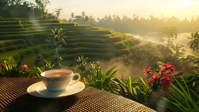 Cup of tea on table with panoramic view of rice terraces serene natural beauty. Seamless Looping 4k Video Animation