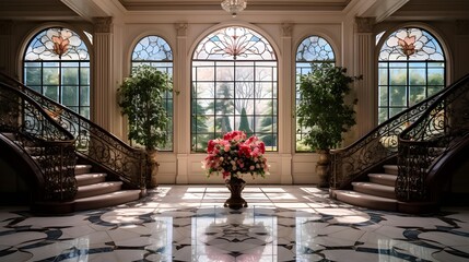 A panorama shot of a beautiful room with a large window and stairs