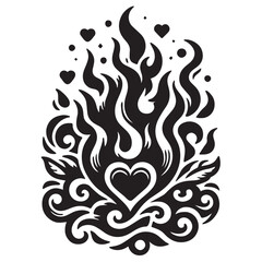 Burning heart in a fire flame, black silhouette on a transparent background, vector drawing for print, stencil, tattoo..