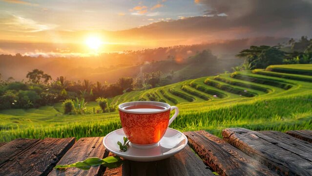 Tea cup on table with view of lush rice terraces peaceful countryside scene. Seamless Looping 4k Video Animation