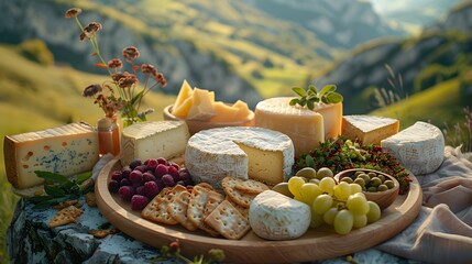 The irresistible charm of a French cheese platter against the backdrop of the breathtaking Jura landscape.