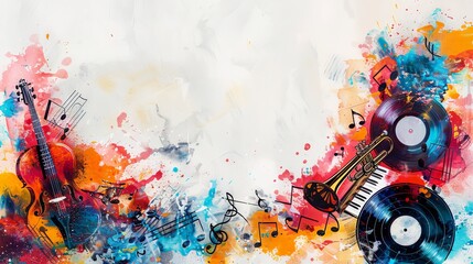 colorful music instruments, guitar and trumpet and piano keys and musical notes and record disc,  copy space