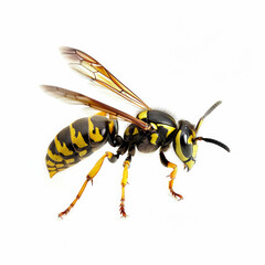 Macro Photo Of A Yellow Wasp Preparing To Fly On A White Background, Yellow And Black Stains On Its Body, Brown Wings, Motion - obrazy, fototapety, plakaty