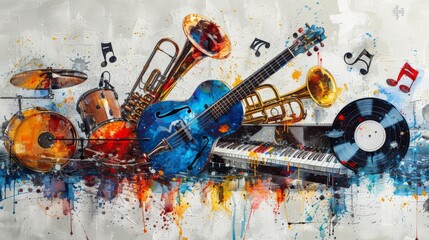 Musical background with various colorful music instruments, guitar and trumpet and piano keys and musical notes and vinyl record disc,  