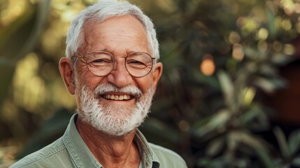 Smiling senior man with white beard outdoors in a tropical setting. Soft-focus background with natural light - obrazy, fototapety, plakaty